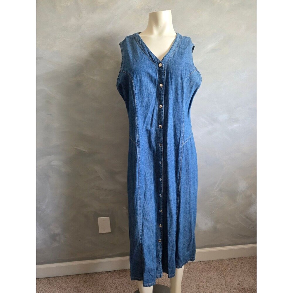 Vintage 90s Denim Dress Jean Snap Down Plus Size 18P Petite Sleeveless Midi